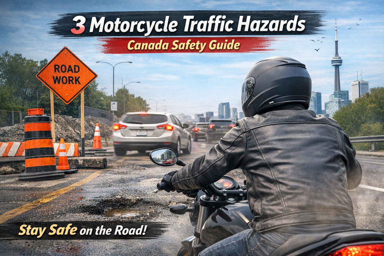 Motorcyclist navigating traffic hazards on Canadian roads