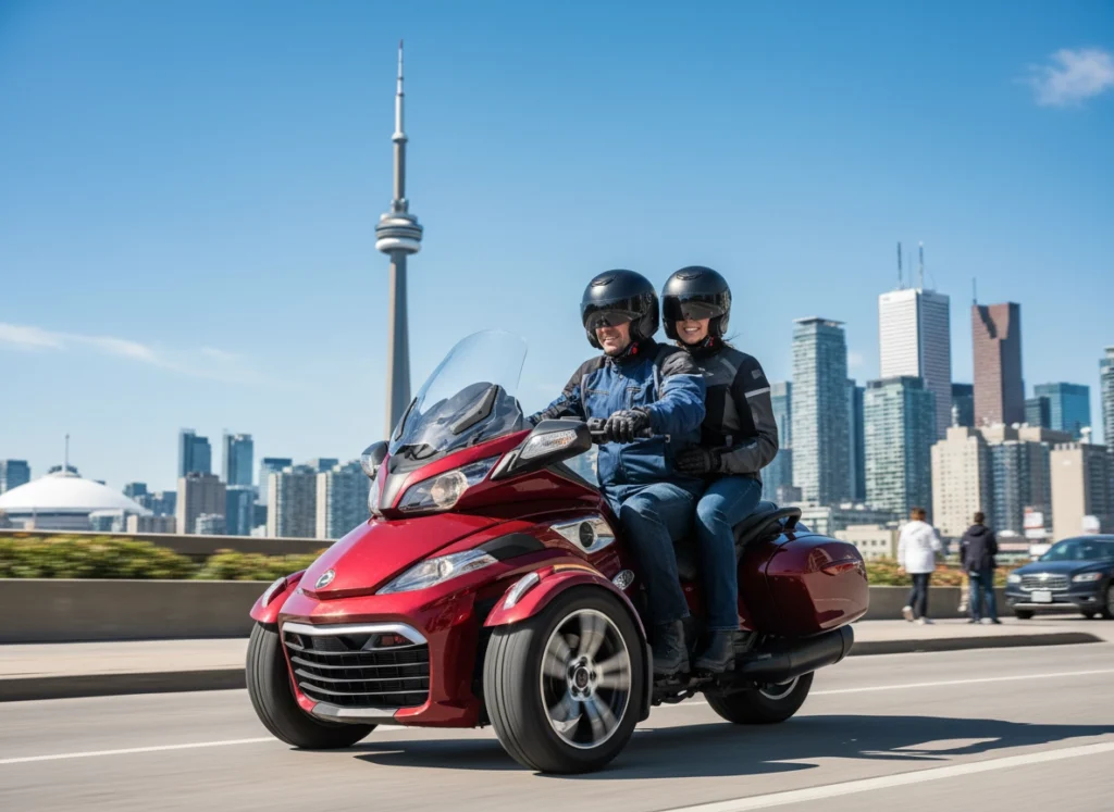 Two helmeted riders on a red Can-Am Spyder with the Toronto skyline behind them